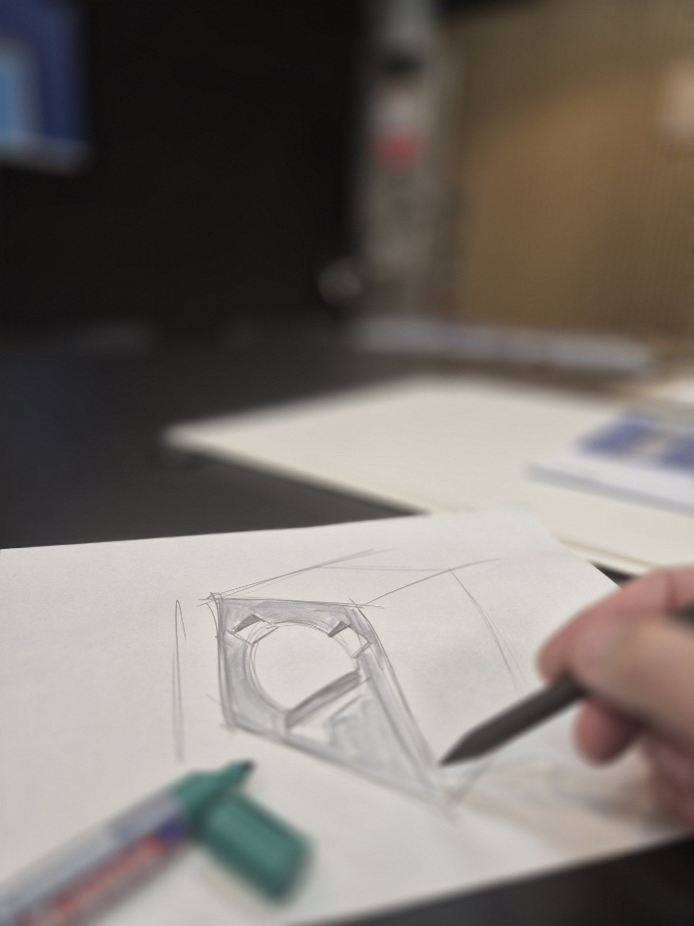 Hand sketch and pencil rendering from the SHERFILL design process
